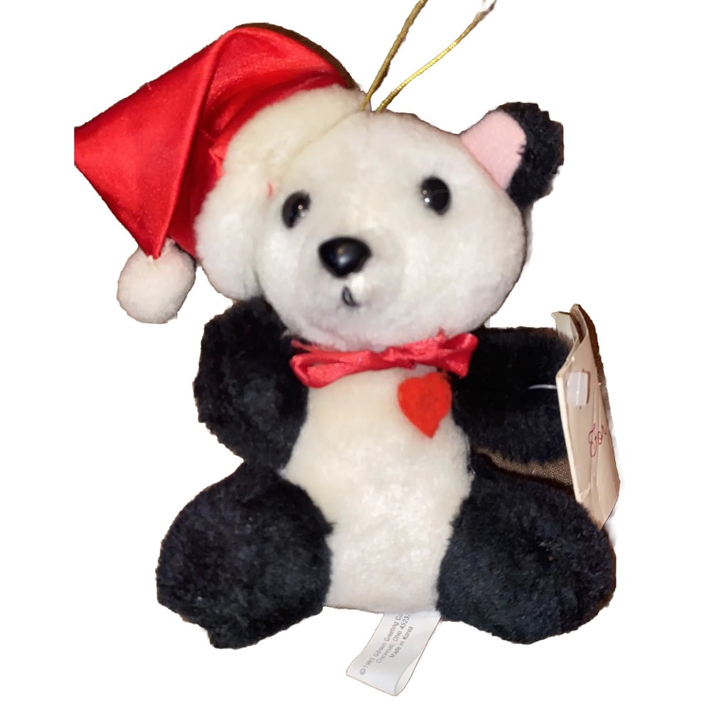 Vintage Gibson Greetings Panda Bear Plush Ornament Satin Santa Hat  1985